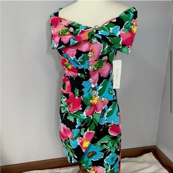 NWT Vintage rare floral asymmetrical off shoulder cocktail bodycon dress - Picture 8 of 12